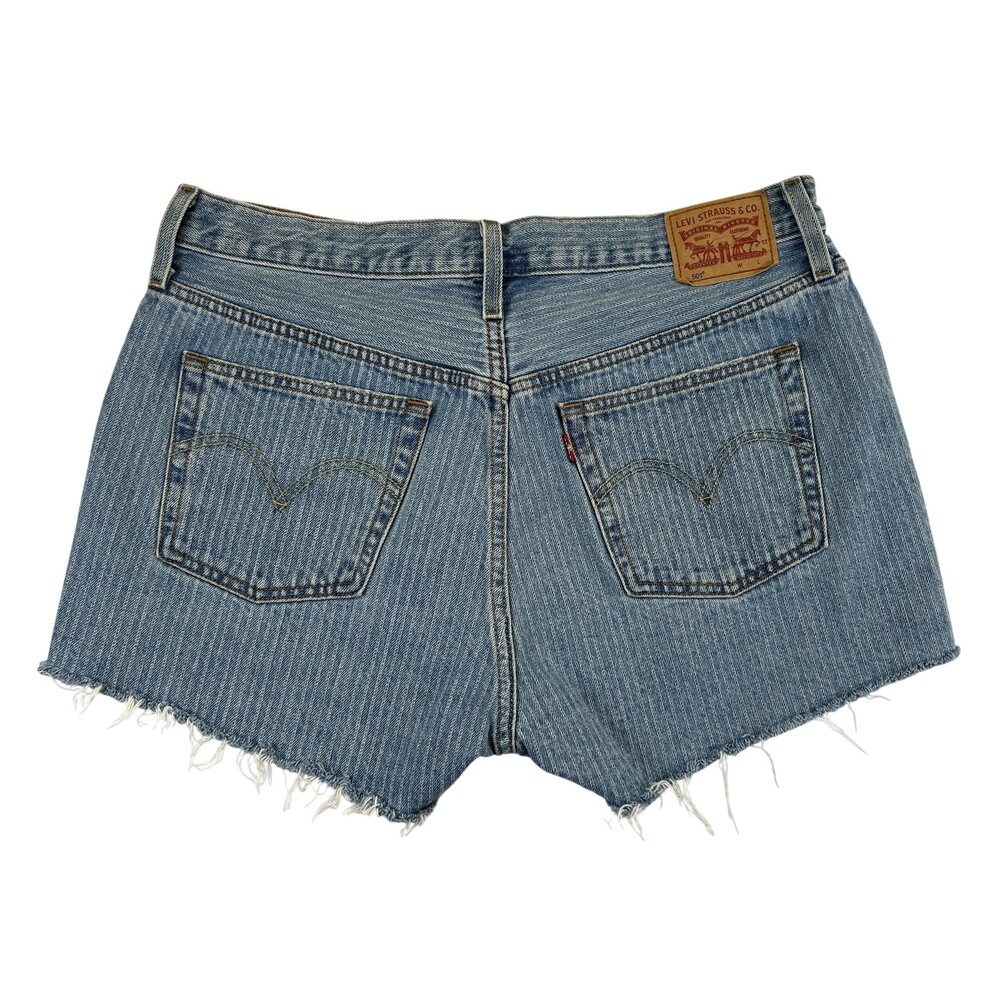 Levi's 501 Shorts Womens 33 Blue Railroad Stripe Denim Cutoff Button Fly Raw Hem